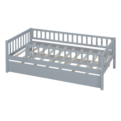 Twin Size Daybed With Trundle And Fence Guardrails - Gray