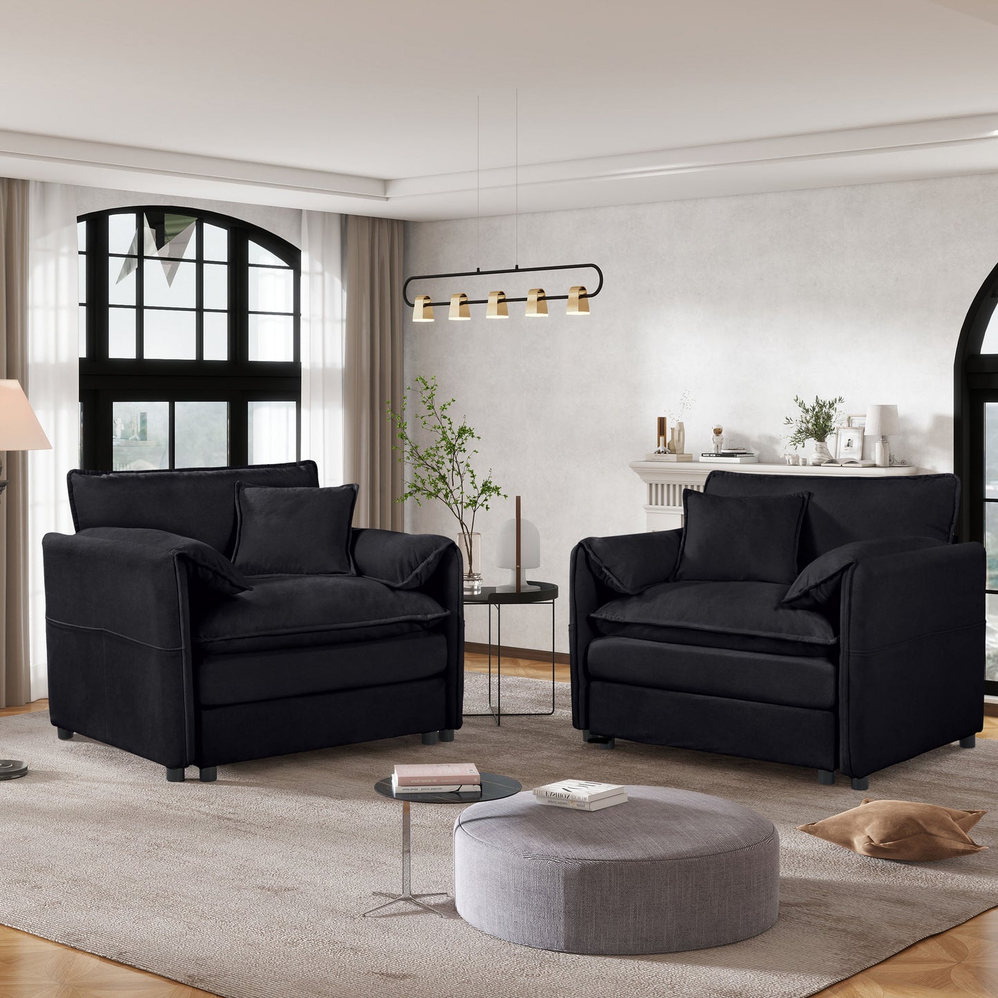 Modern Oversized Chenille Accent Chair, Comfy Single Sofa Chair, Large Seat (Set of 2) - Black