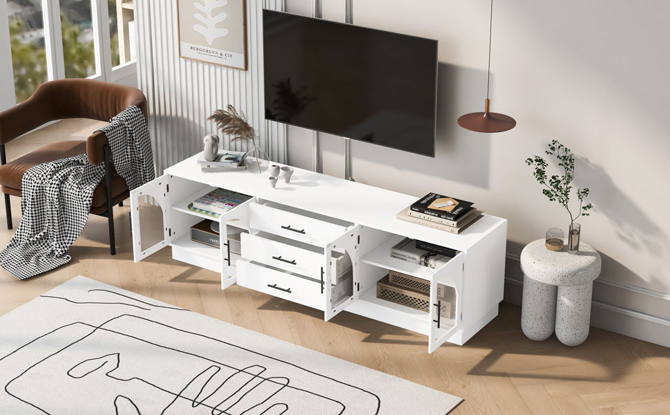 Modern Minimalist TV Stand For TVs Up To 75", Entertainment Center Media Console Cabinet With Adjustable Shelves For Living Room - White