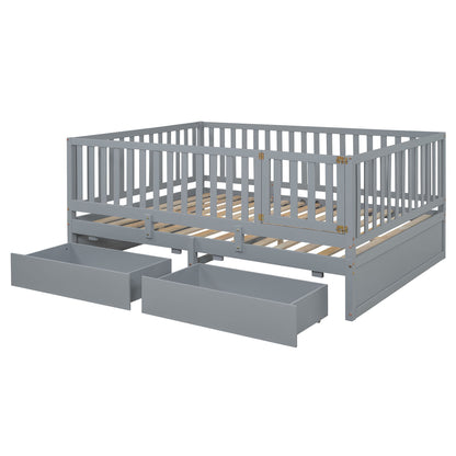 Full Size Daybed With Fence Guardrails And 2 Drawers - Gray