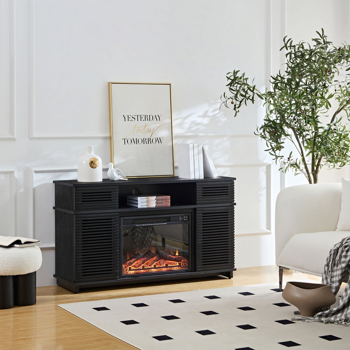 Modern Wood Cabinet With Adjustable Shelves And Embedded Fireplace With Remote Control - Black Oak