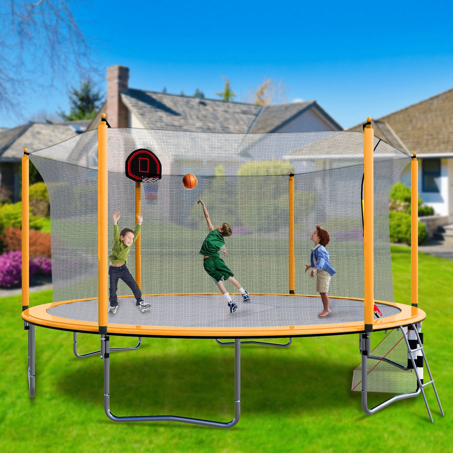 16Ft Trampoline With Basketball Hoop Pump And Ladder (Inner Safety Enclosure) With Soccer Goal - Orange