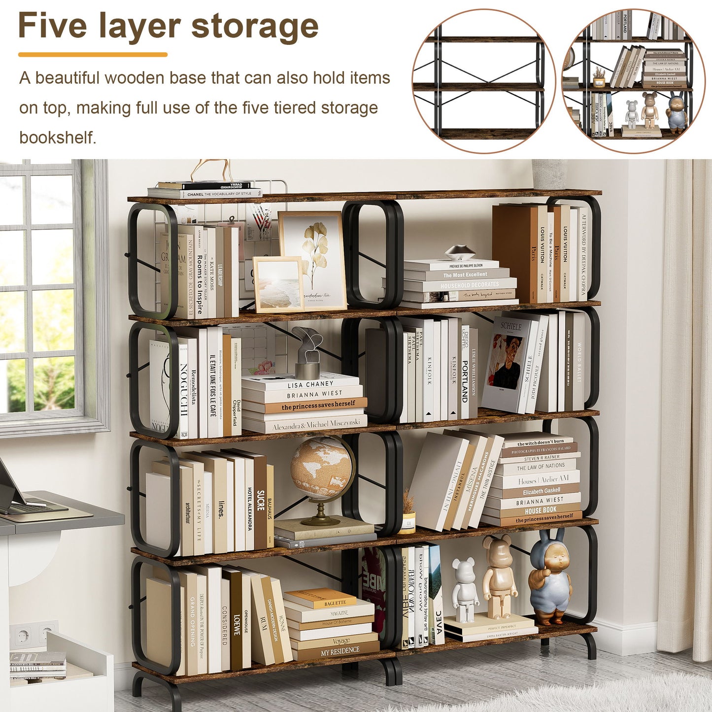 5 Tier Industrial Bookshelf, Rustic Brown Tall Bookcase With Open Wood & Metal Design, Vintage Storage Organizer - Black