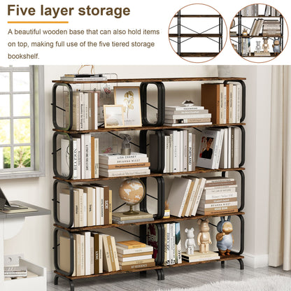5 Tier Industrial Bookshelf, Rustic Brown Tall Bookcase With Open Wood & Metal Design, Vintage Storage Organizer - Black