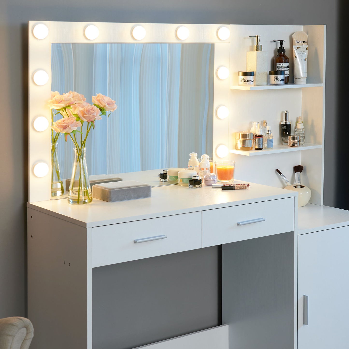 Vanity Desk With Mirror And Lights, 46.4In Dressing Table With 2 Large Drawer & Large Vertical Organizer, 3 Level Dresser & 3 Lighting Modes Adjustable Brightness, Suitable For Bedroom - White