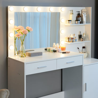 Vanity Desk With Mirror And Lights, 46.4In Dressing Table With 2 Large Drawer & Large Vertical Organizer, 3 Level Dresser & 3 Lighting Modes Adjustable Brightness, Suitable For Bedroom - White