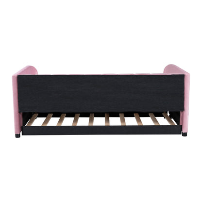 Twin Size Upholstered Daybed With Ergonomic Design Backrest And Trundle - Pink