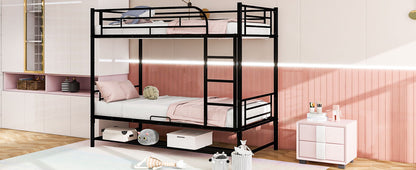 Twin Over Twin Bunk Bed With Shelf And Guardrails - Black