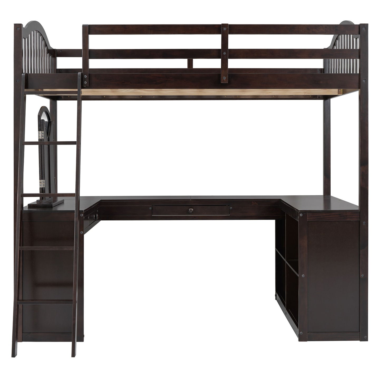 Full Loft Bed With U Shaped Desk, Storage Compartments And Tri Fold Mirror - Espresso