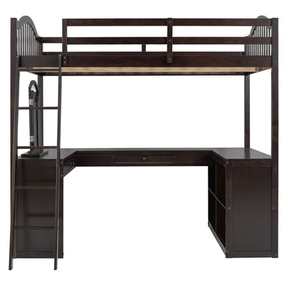 Full Loft Bed With U Shaped Desk, Storage Compartments And Tri Fold Mirror - Espresso