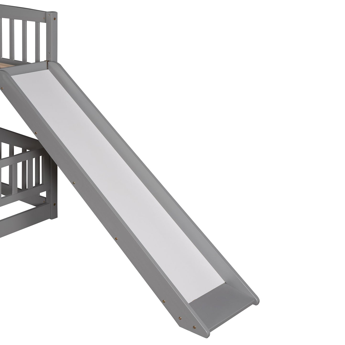 Full Over Full Low Bunk Bed With Slide, Fence And Ladder - Gray