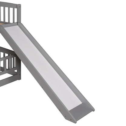 Full Over Full Low Bunk Bed With Slide, Fence And Ladder - Gray