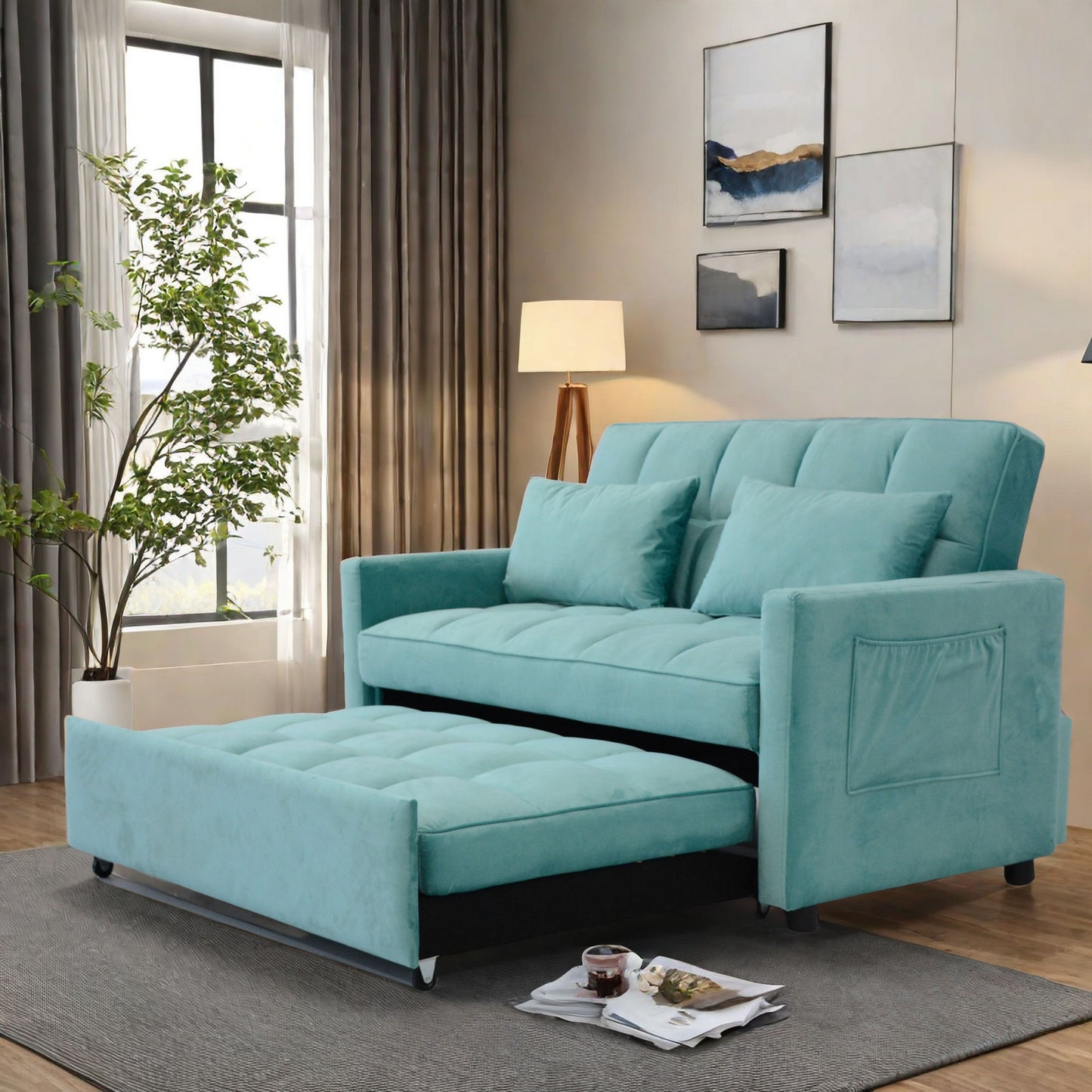 Velvet Two Seater Pull Out Sofa Bed, Adjustable Backrest With Three USB Ports, Two Side Pockets, 3 In 1 Convertible Sleeper Sofa Bed, Modern Love Seat Lounge Sofa For Living Room - Light Blue