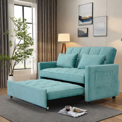 Velvet Two Seater Pull Out Sofa Bed, Adjustable Backrest With Three USB Ports, Two Side Pockets, 3 In 1 Convertible Sleeper Sofa Bed, Modern Love Seat Lounge Sofa For Living Room - Light Blue
