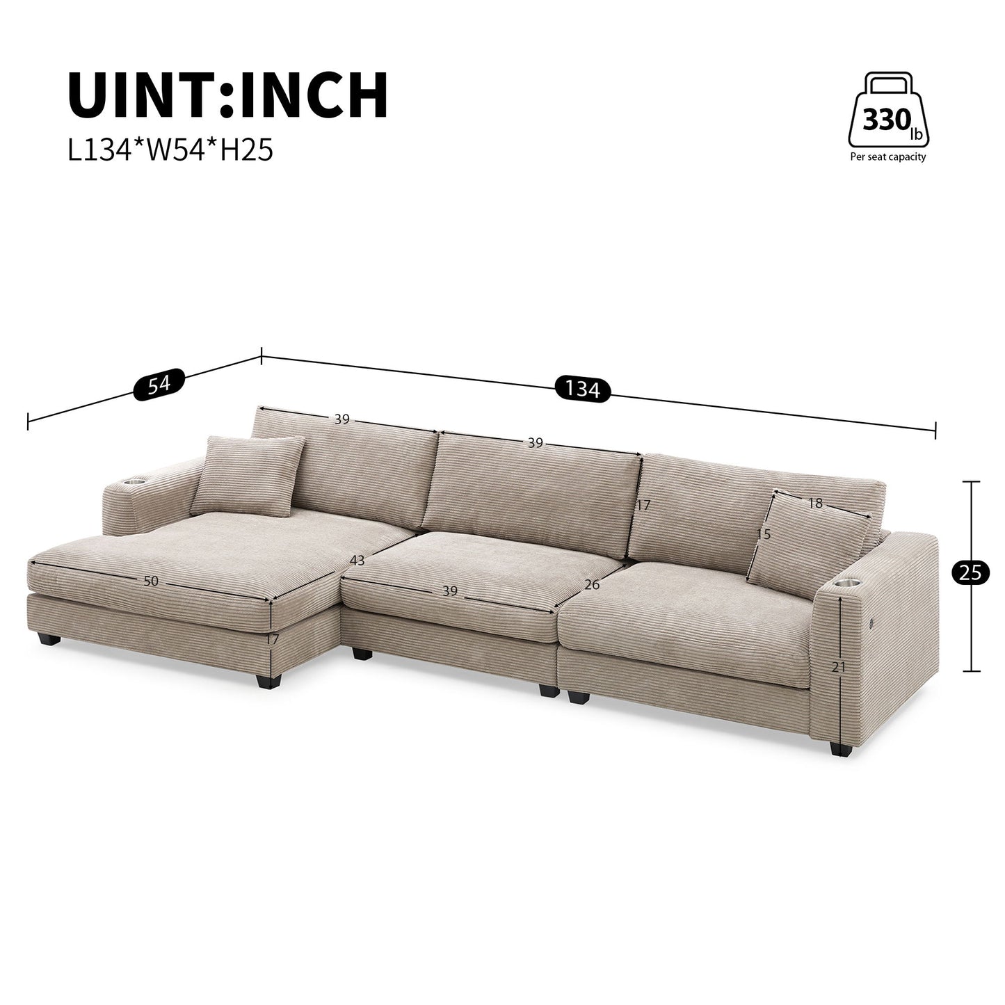 Oversized Sectional L Shaped Cloud Couch With USB Charging Port Cup Holder Deep And Wide Seat Sofa With Chaise Comfy - Khaki