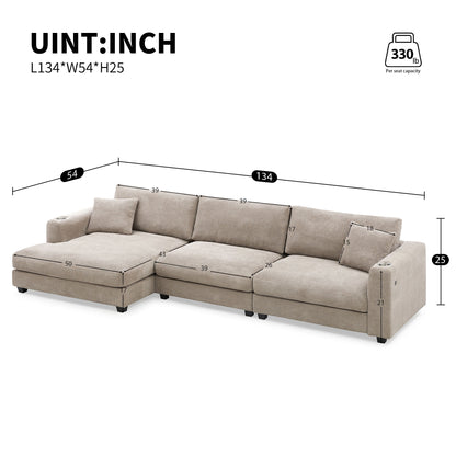 Oversized Sectional L Shaped Cloud Couch With USB Charging Port Cup Holder Deep And Wide Seat Sofa With Chaise Comfy - Khaki