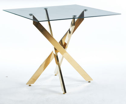 Dining Table With Cross Metal Leg And Tempered Glass, Modern Space Saving Kitchen Table For Living Room, Chrome Legs, Square Table - Golden