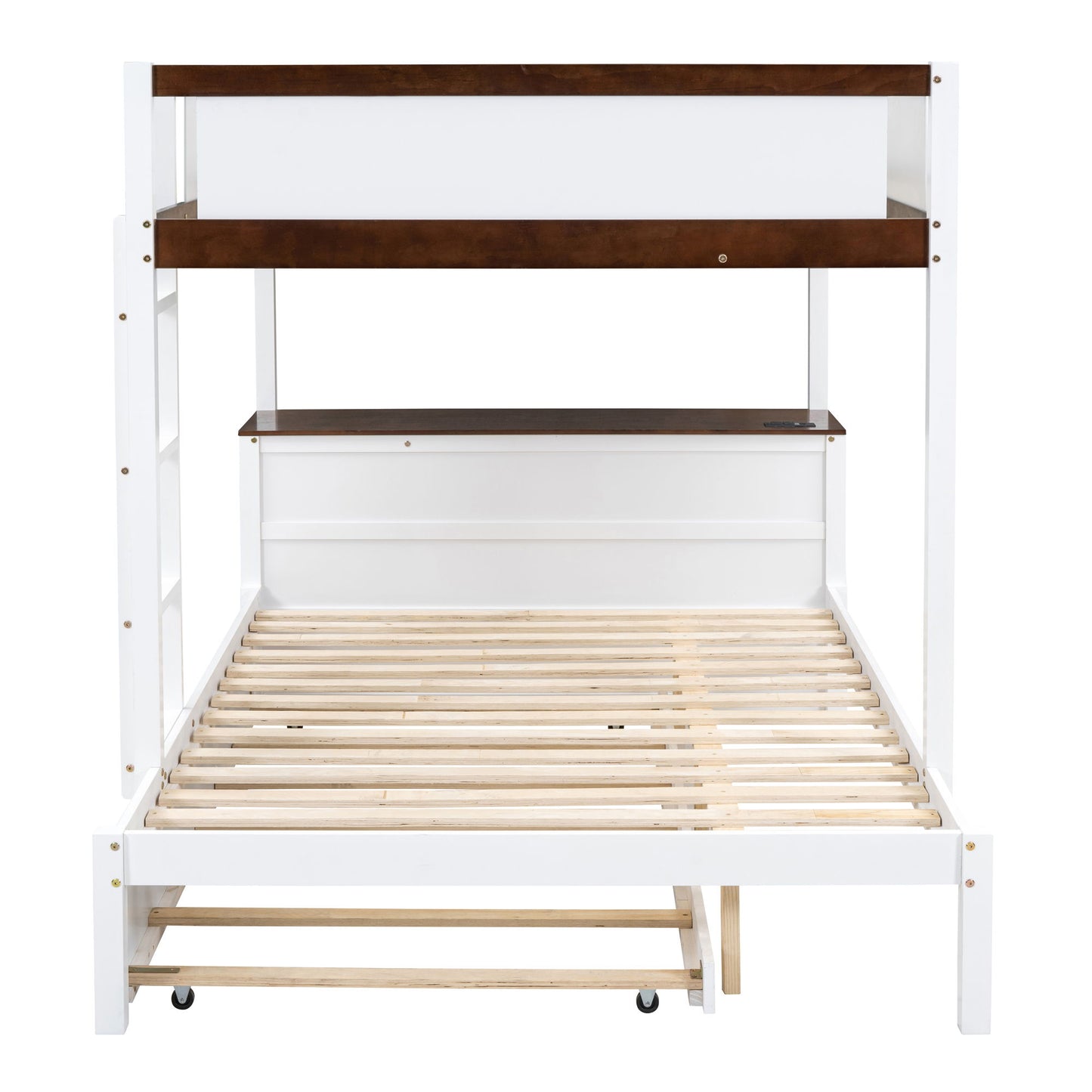 Full Over Full Bunk Bed With Twin Size Trundle, Storage And Desk - White / Walnut