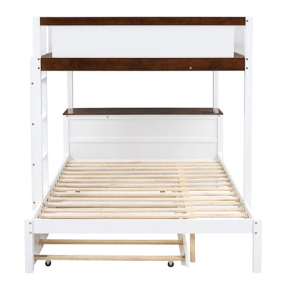 Full Over Full Bunk Bed With Twin Size Trundle, Storage And Desk - White / Walnut
