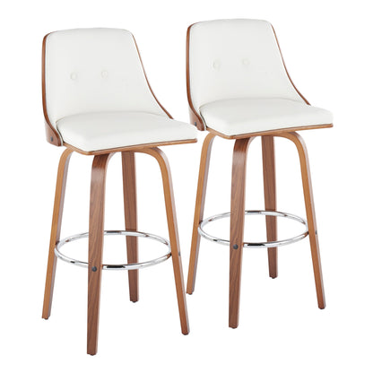 Gianna - Mid-Century Modern Fixed Height Barstool With Swivel With Round Footrest (Set of 2) - Walnut / White