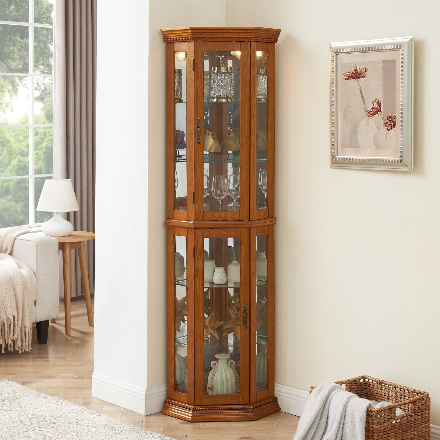 Corner Curio Cabinet With Lights, Adjustable Tempered Glass Shelves, Mirrored Back, Display Cabinet (E26 Light Bulb Not Included) - Oak