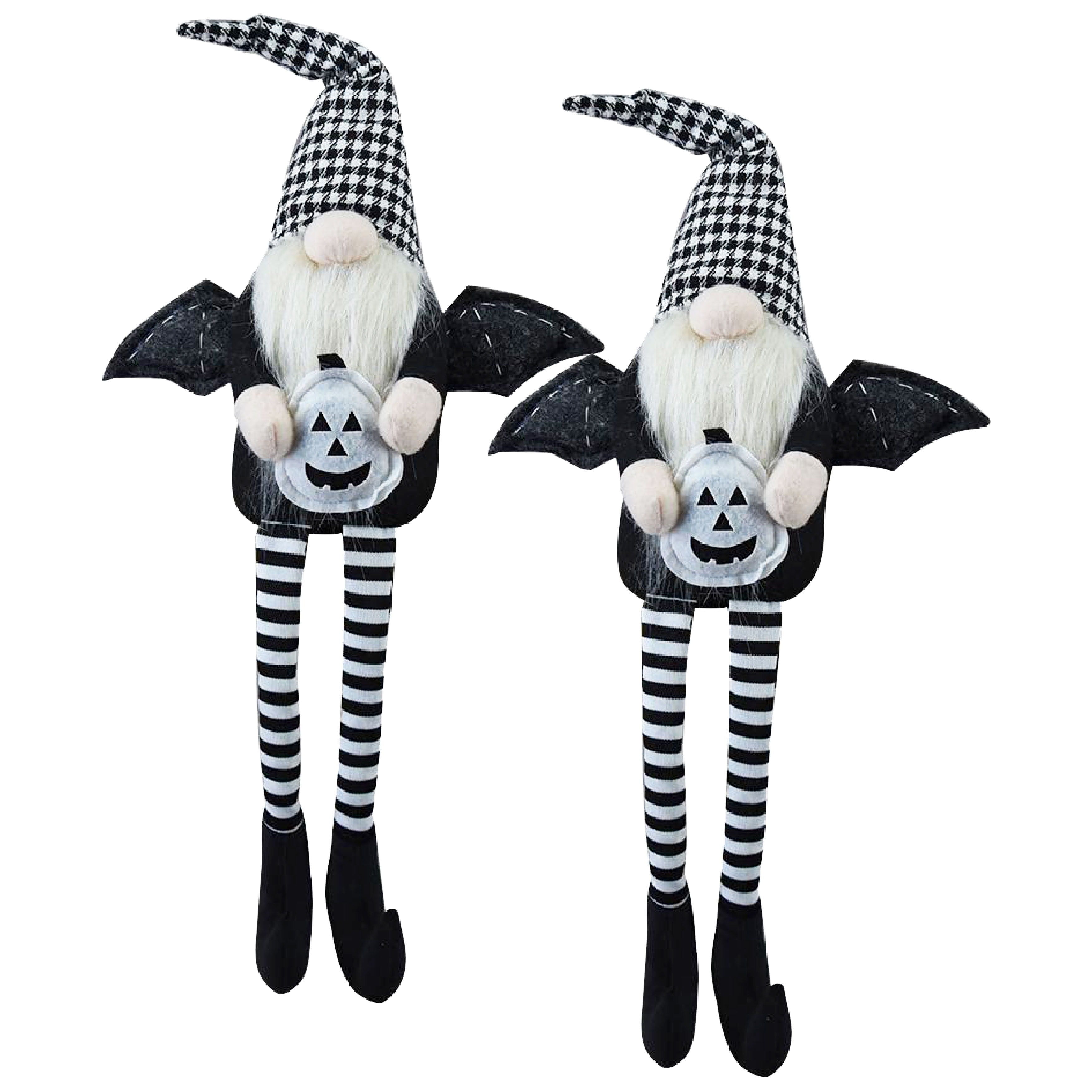 Sitting Gnome With Wings & Plaid Hat, For Halloween Decor (Set of 2) - Black White