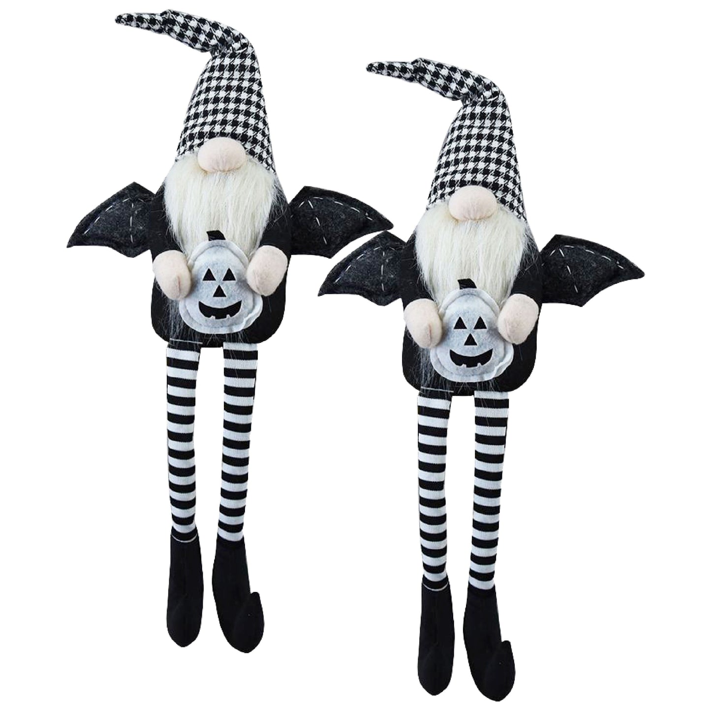 Sitting Gnome With Wings & Plaid Hat, For Halloween Decor (Set of 2) - Black White