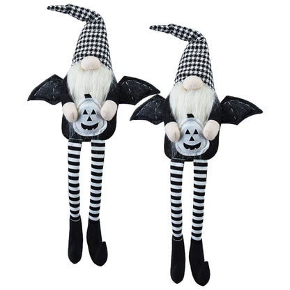 Sitting Gnome With Wings & Plaid Hat, For Halloween Decor (Set of 2) - Black White