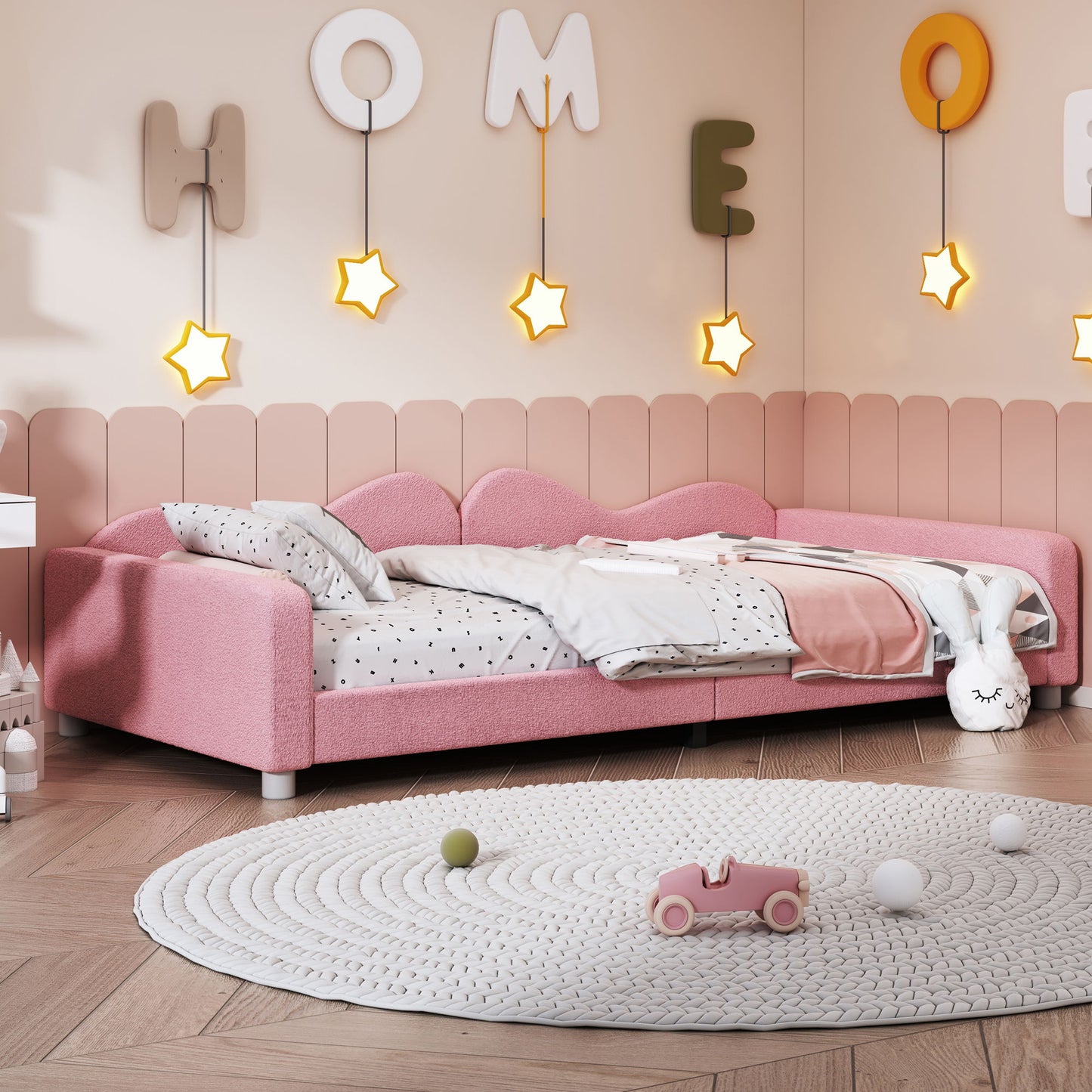 Twin Size Upholstered Daybed, Sherpa Fabric Sofabed With Cloud-Shaped Backrest, No Box - Spring Needed - Pink
