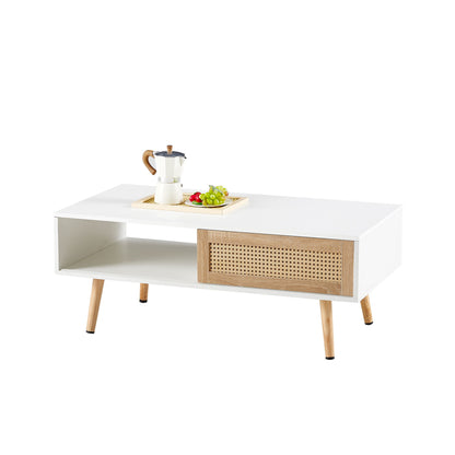 41.34" Rattan Coffee Table, Sliding Door For Storage, Solid Wood Legs, Modern Table For Living Room - White
