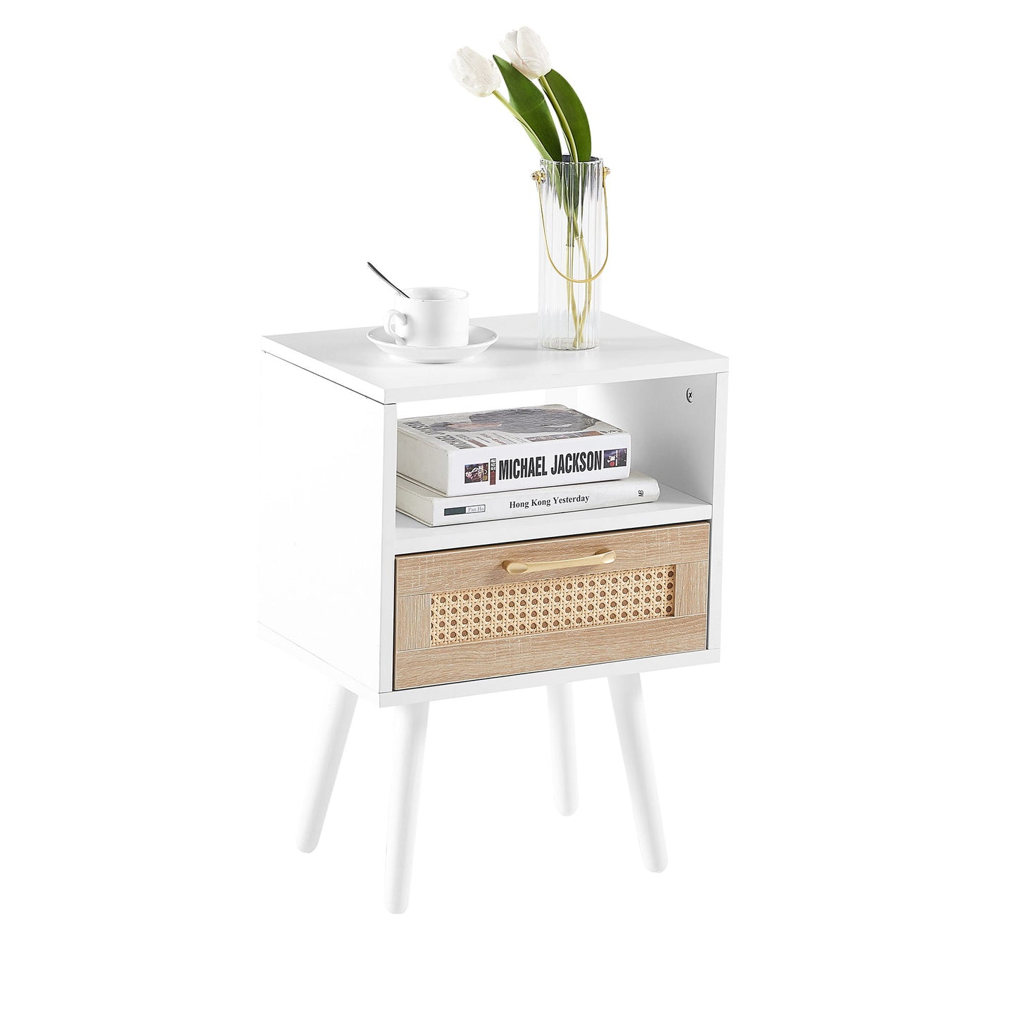 15.75" Rattan End Table With Drawer And Solid Wood Legs, Modern Nightstand, Side Table For Living Room, Bedroom - White