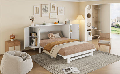 Queen Murphy Bed With Hidden Storage & Modern Woven Design - White