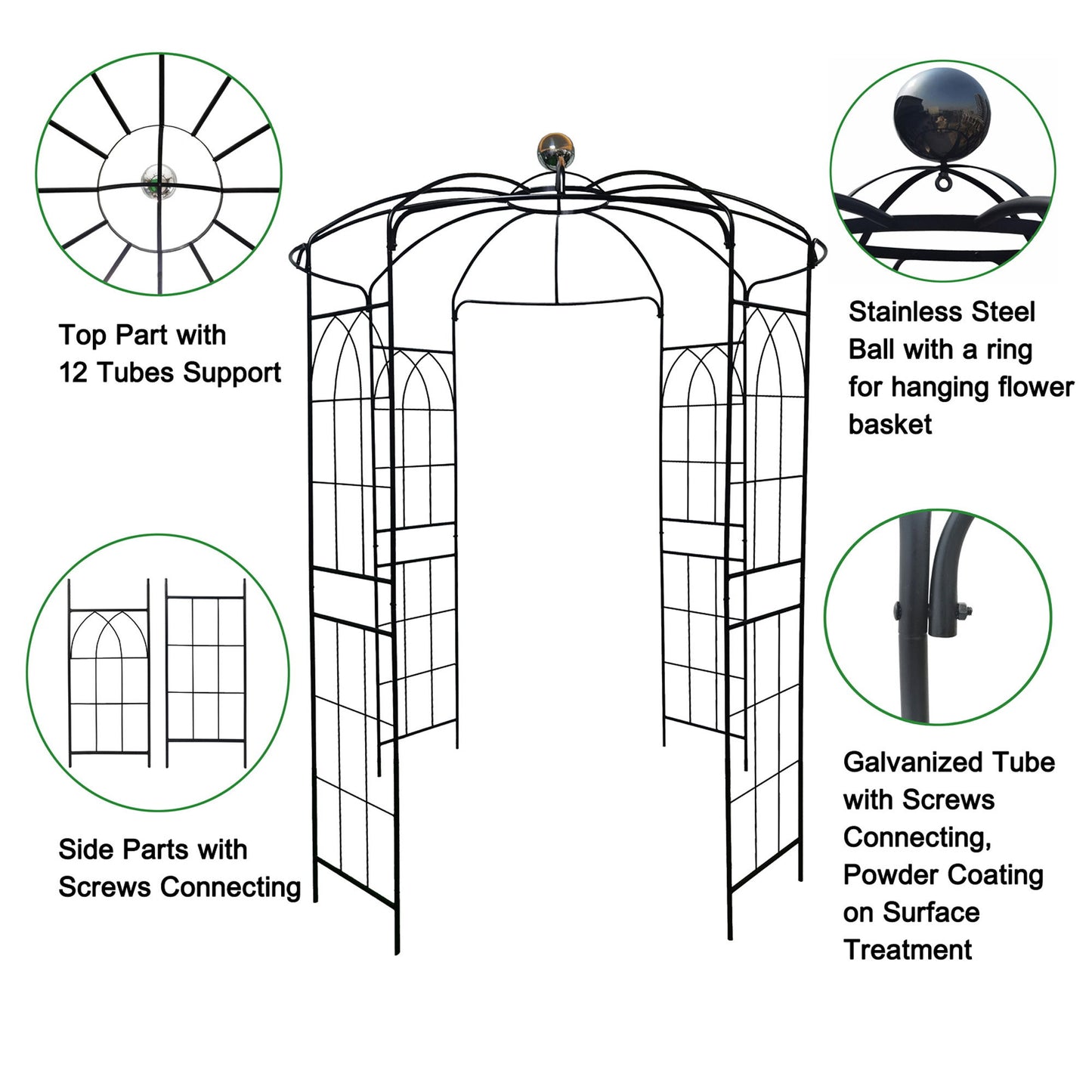 Metal Garden Arch Iron Garden Arbors Gazebo Dia High Birdcage Shape Pergola Pavilion For Wedding Ceremony Outdoor - Black