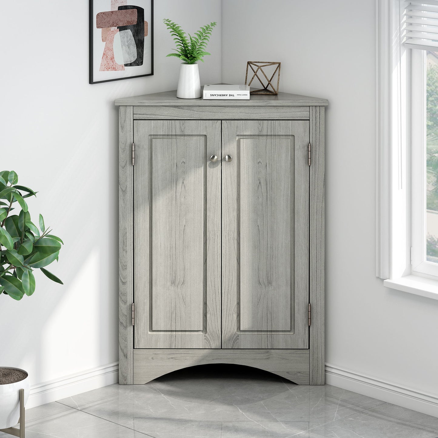 Triangle Bathroom Storage Cabinet With Adjustable Shelves, Freestanding Floor Cabinet For Home Kitchen - Oak