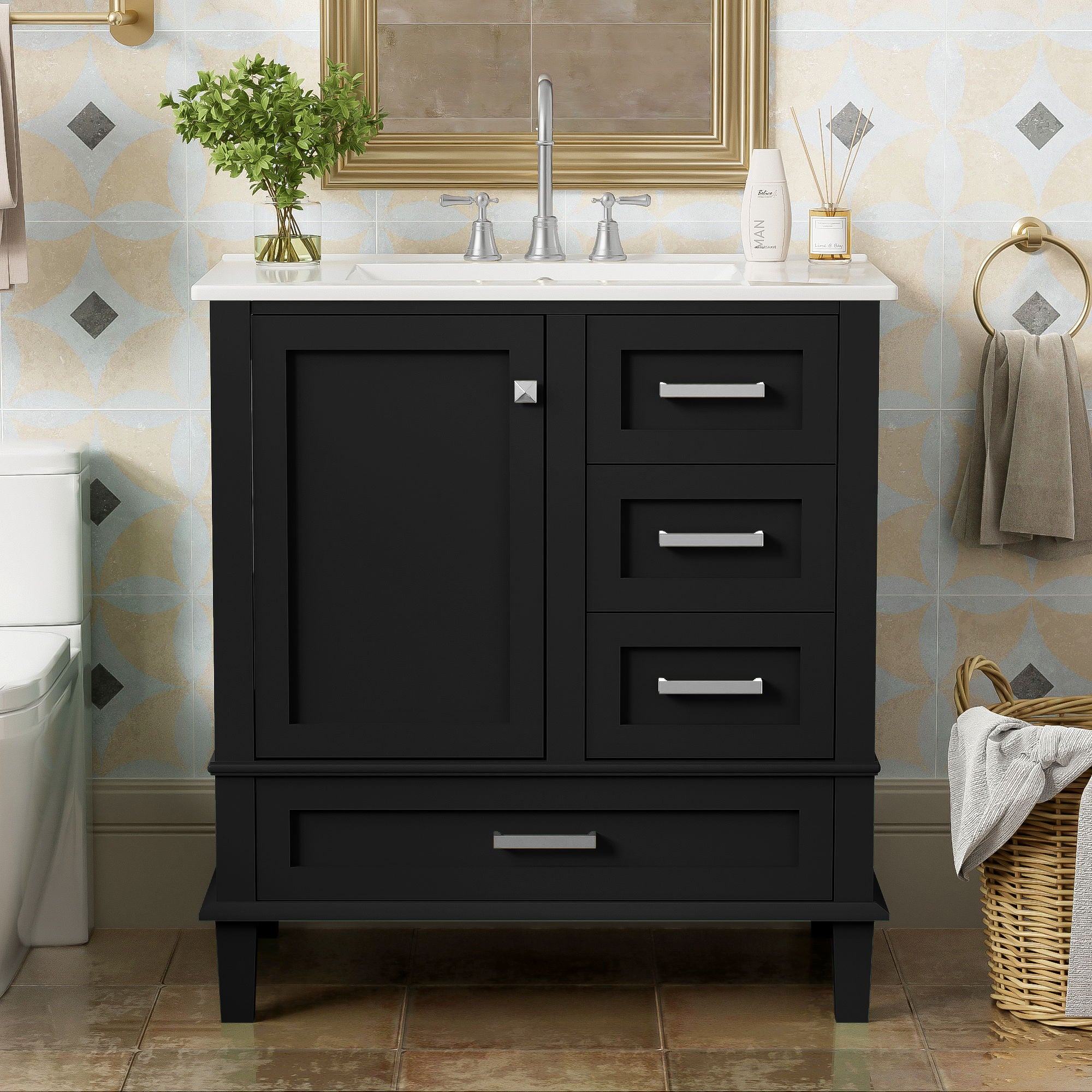 Bathroom Vanity, Modern Bathroom Cabinet With Sink Combo Set, Bathroom Storage Cabinet With A Soft Closing Door And 3 Drawers, Solid Wood Frame - Black