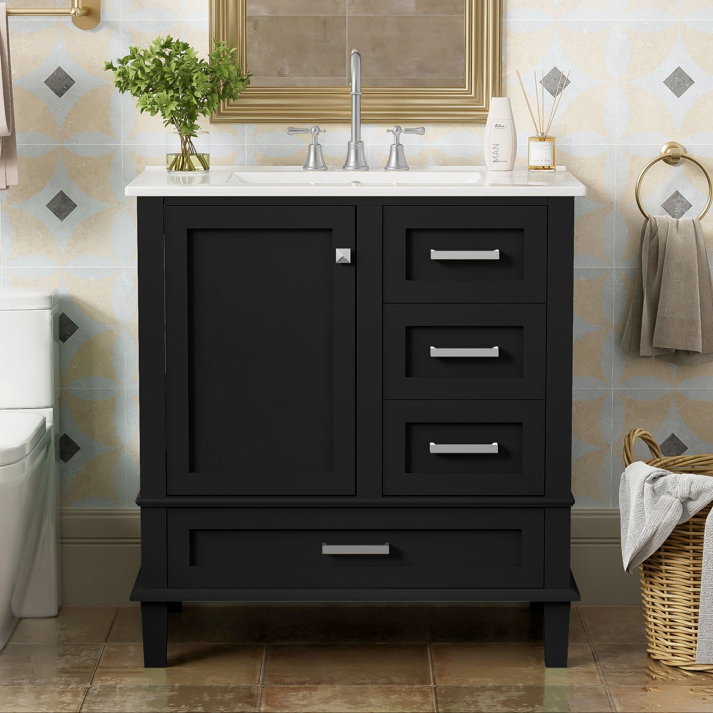 Bathroom Vanity, Modern Bathroom Cabinet With Sink Combo Set, Bathroom Storage Cabinet With A Soft Closing Door And 3 Drawers, Solid Wood Frame - Black