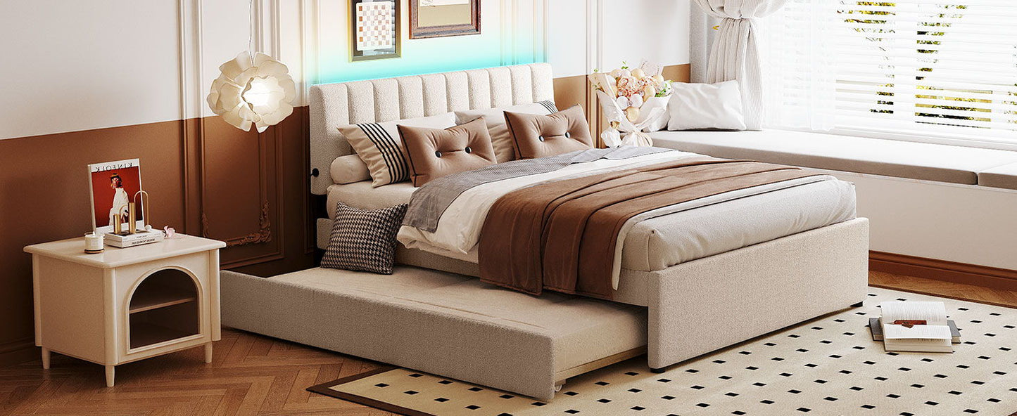 Queen Size Upholstered Platform Bed With Twin Long Trundle - Beige