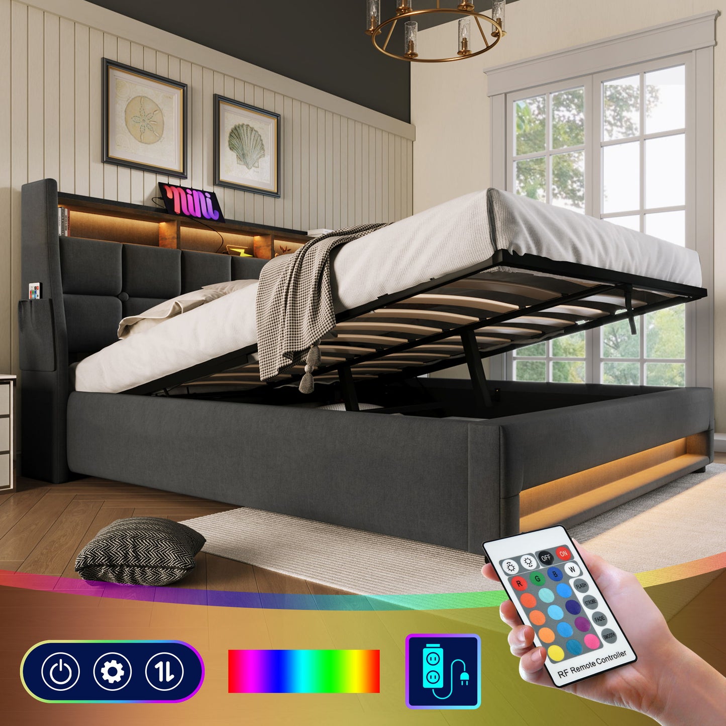 Full Size Upholstered Platform Bed With A Hydraulic Storage System, LED And USB Charging (Without Mattress) - Gray