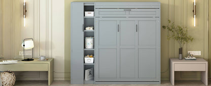 Full Size Murphy Wall Bed With Shelves, Wardrobe And LED Lights - Gray