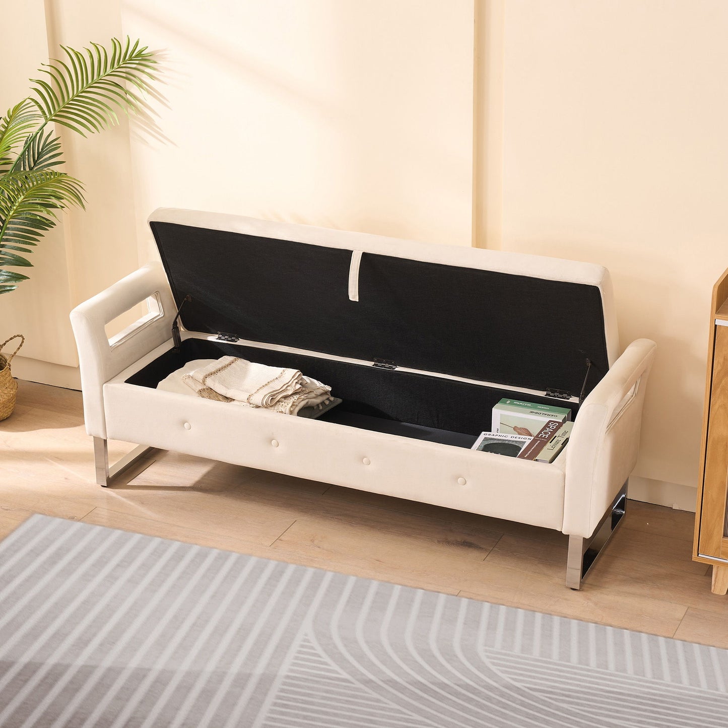 Wide Storage Soft Ottoman Bench With Armrests, Footrest Bed End Stool For Living Room, Dorm, Entryway And Bedroom - Beige - Beige