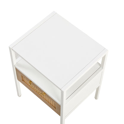 Rattan End Table With Drawer, Modern Nightstand, Metal Legs, Side Table For Living Room, Bedroom (Set of 2)- White