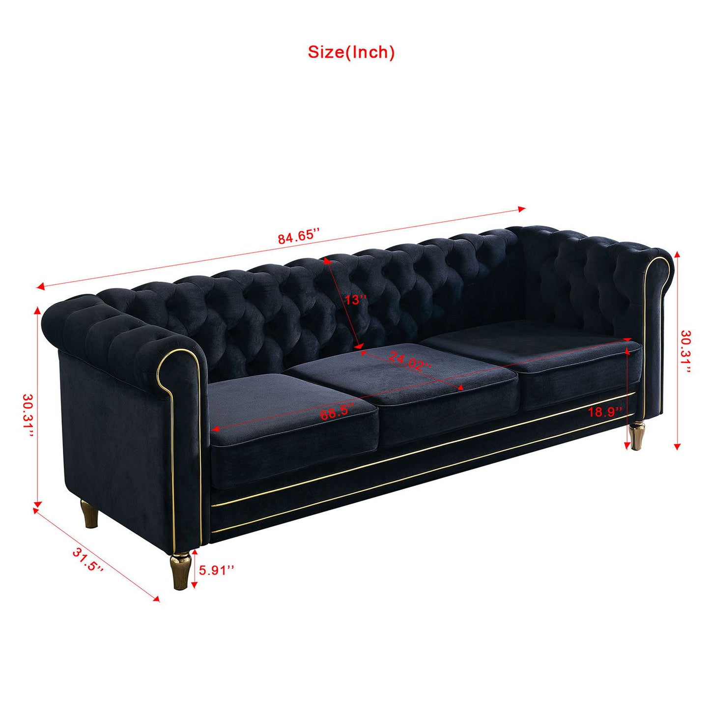 Chesterfield - Velvet Sofa 84.65" For Living Room - Black
