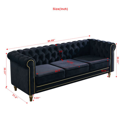 Chesterfield - Velvet Sofa 84.65" For Living Room - Black