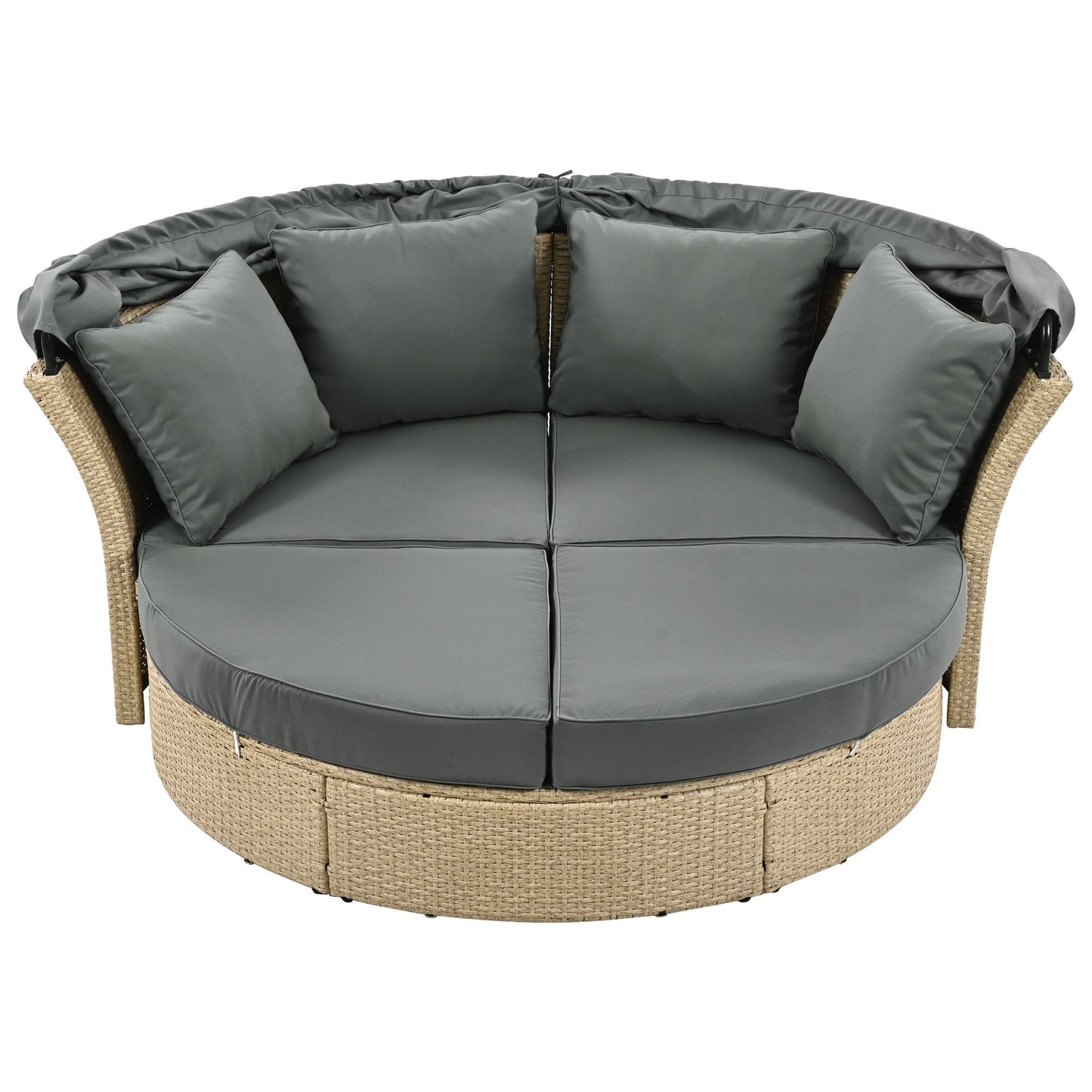 Outdoor Patio Daybed Wicker Rattan Double Daybed Round Sofa Furniture Set With Retractable Canopy, 4 Pillows For Lawn Garden Backyard Porch Pool - Gray