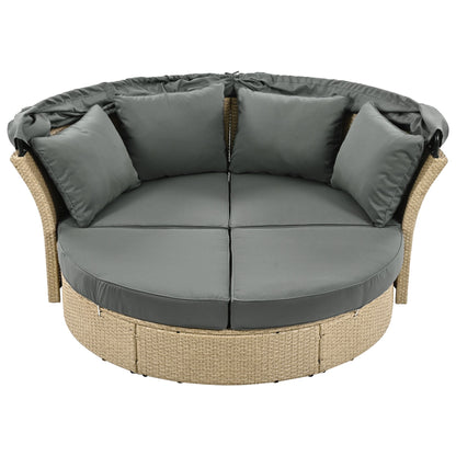 Outdoor Patio Daybed Wicker Rattan Double Daybed Round Sofa Furniture Set With Retractable Canopy, 4 Pillows For Lawn Garden Backyard Porch Pool - Gray