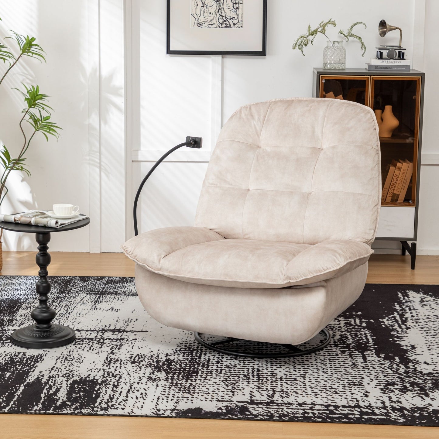 Modern Swivel Gliding Recliner Chair With Rocking Function And Phone Holder - Large Comfortable Reading Chair In Gold Stamped Velvet - Ivory