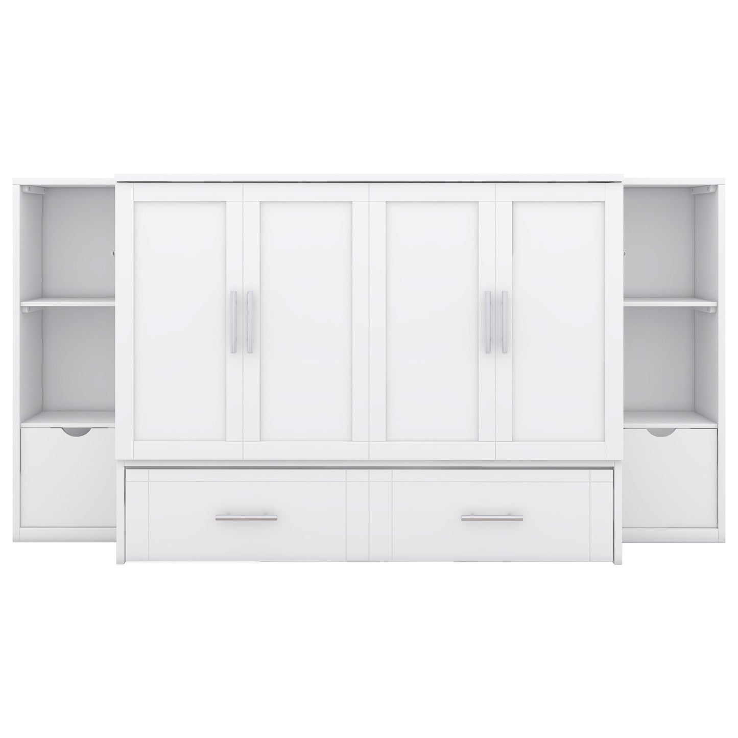 Full Size Murphy Bed With Shelves, Drawers And USB Ports - White