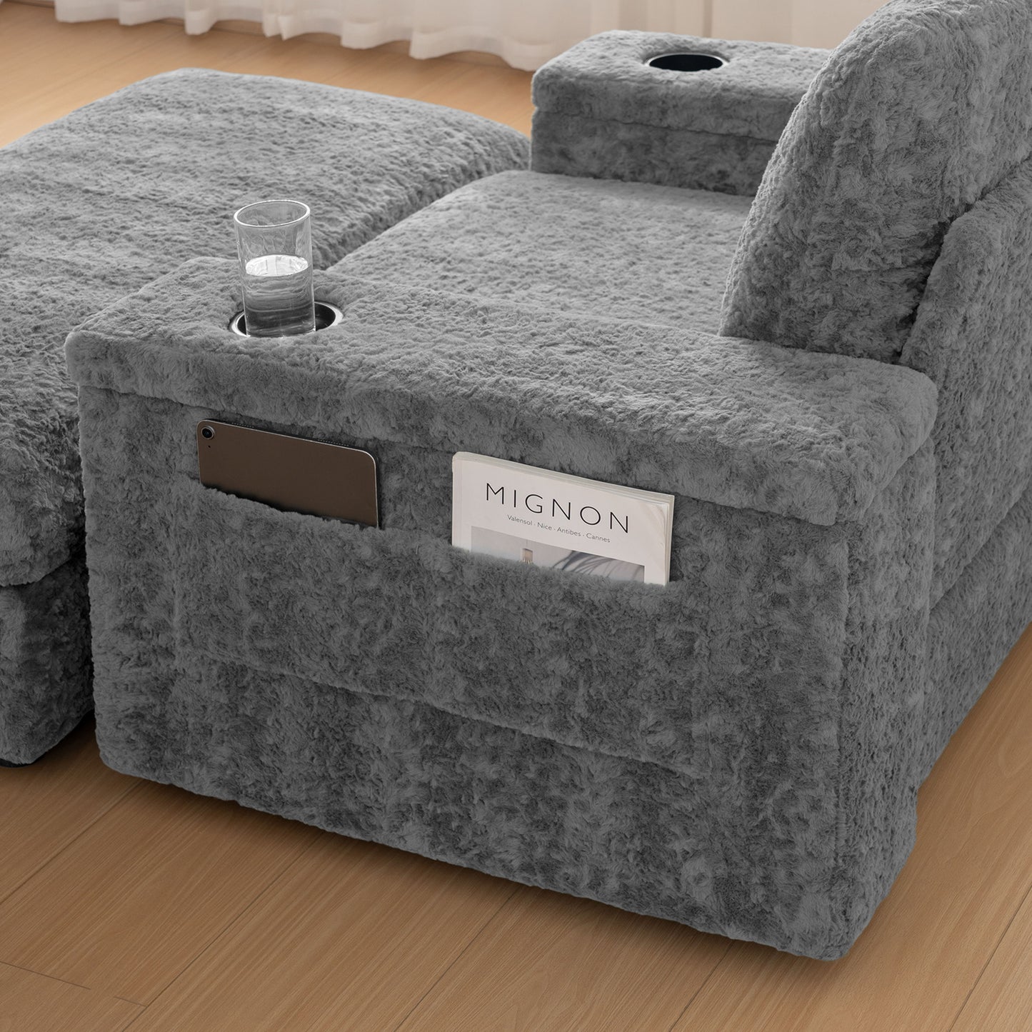 Oversized Chaise Lounge Indoor Rabbit Fur Sofa Bed With Storage Ottoman And Armrests Cup Holders With Deep Seat - Gray
