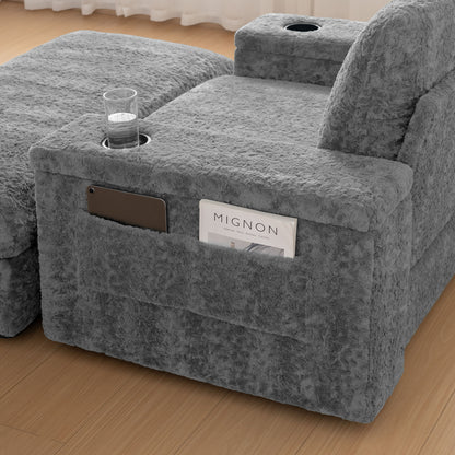Oversized Chaise Lounge Indoor Rabbit Fur Sofa Bed With Storage Ottoman And Armrests Cup Holders With Deep Seat - Gray