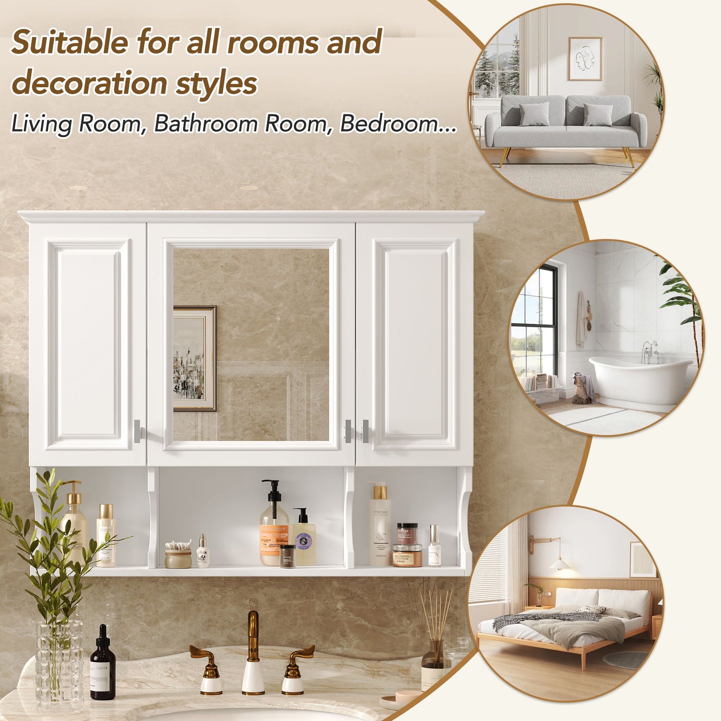 Wall Mounted Bathroom Medicine Cabinet, Modern Bathroom Wall Cabinet With Mirror, Mirror Cabinet With Open Shelves - White